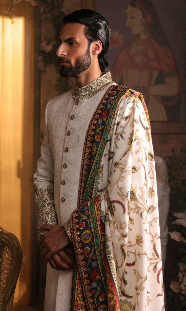 Premium Pakistani Groom Dress in Raw Silk Ivory Sherwani Style