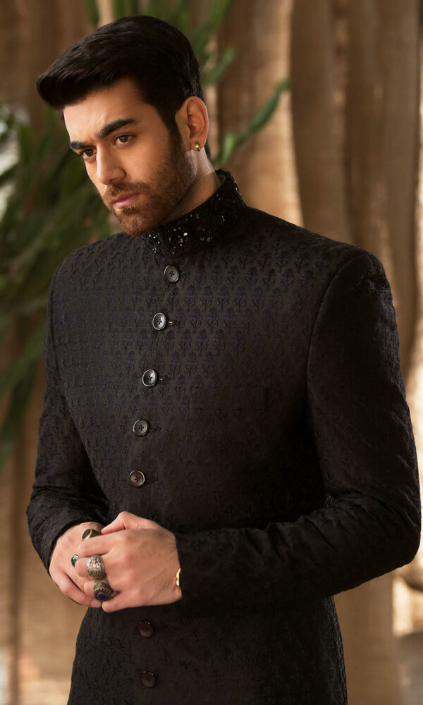 Premium Pakistani Groom Dress in Royal Black Sherwani Style