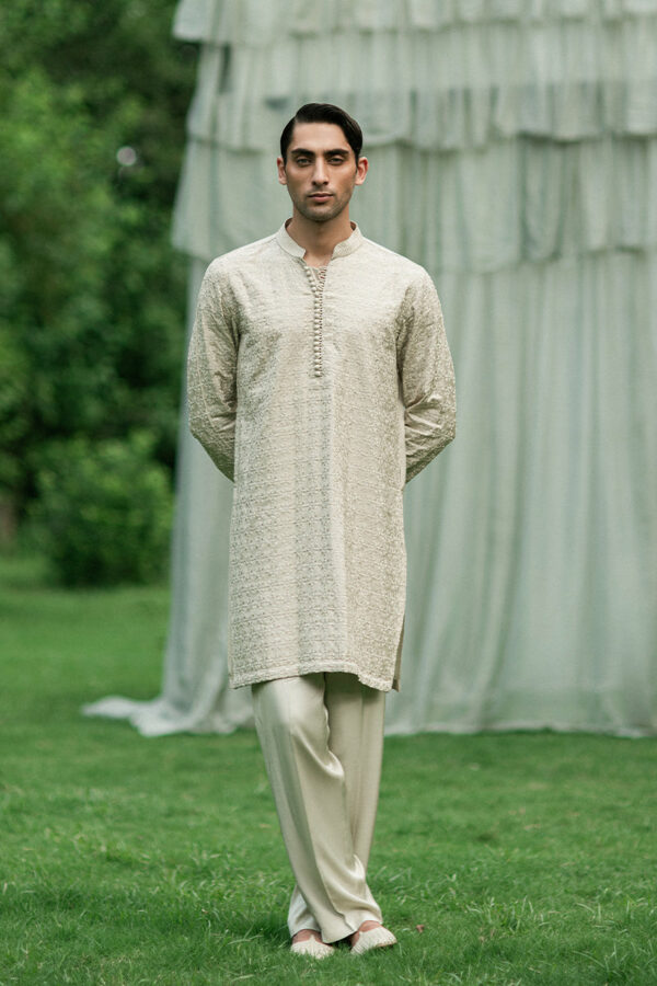 Premium Pakistani Jamawar Gold Sherwani for Groom in Open Style