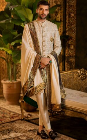 Premium Pakistani Wedding Golden Sherwani for Groom