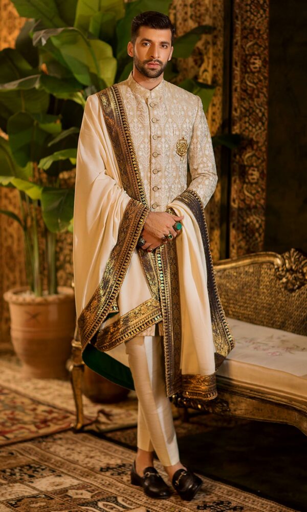 Premium Pakistani Wedding Golden Sherwani for Groom