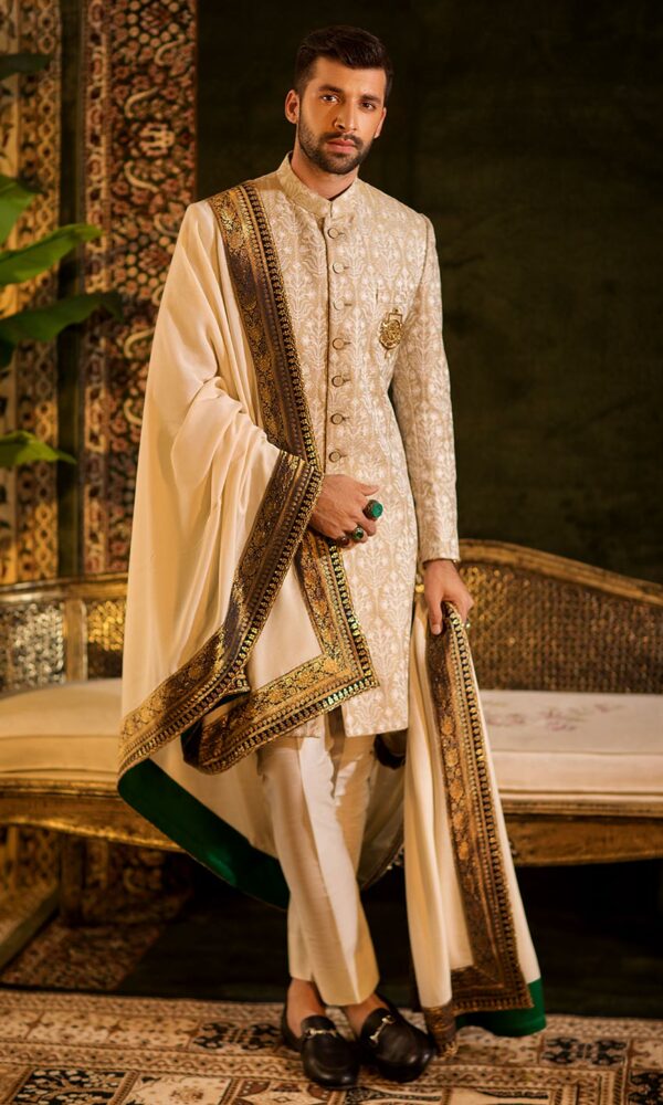 Premium Pakistani Wedding Golden Sherwani for Groom Online