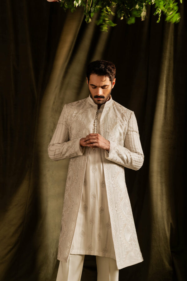 Premium Pakistani Wedding Open Off White Sherwani for Groom