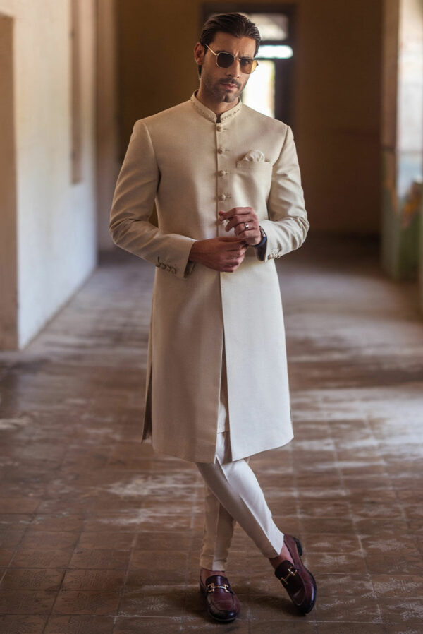 Royal Khaddar Beige Sherwani and Qulla Pakistani Groom Dress