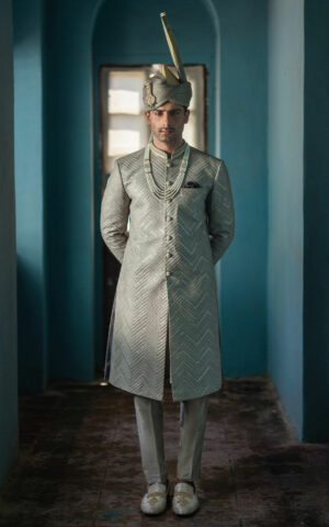 Royal Light Grey Sherwani Style Pakistani Groom Dress