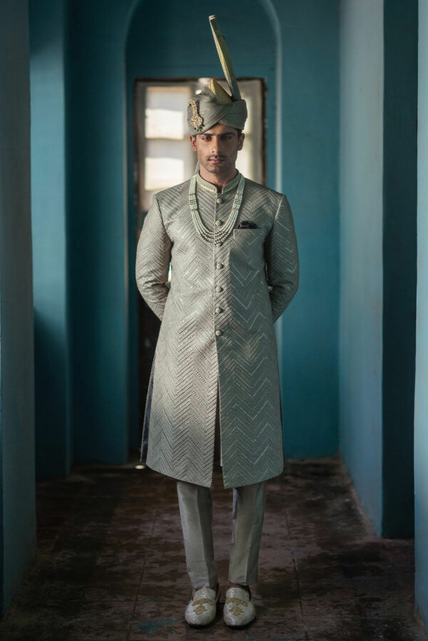 Royal Light Grey Sherwani Style Pakistani Groom Dress