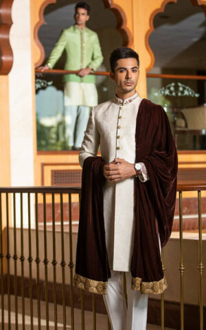 Royal OFF White Jamawar Embroidered Pakistani Groom Sherwani