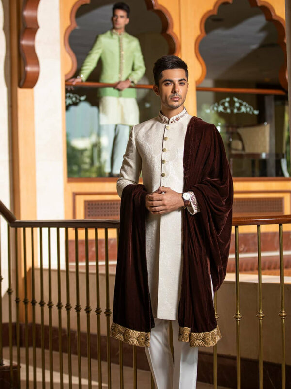 Royal OFF White Jamawar Embroidered Pakistani Groom Sherwani