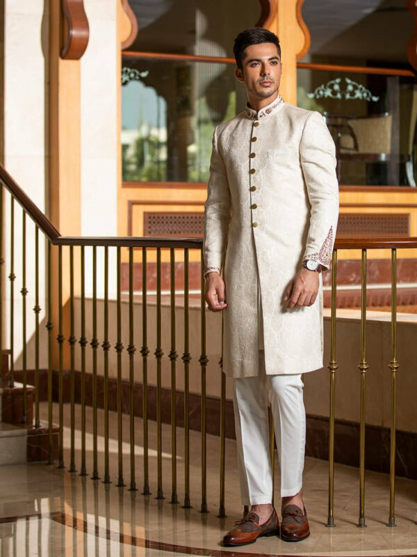 Royal OFF White Jamawar Pakistani Groom Sherwani