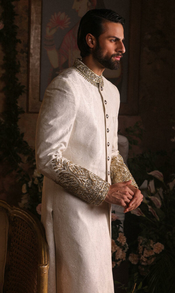 Royal Pakistani Groom Dress in Raw Silk Ivory Sherwani Style