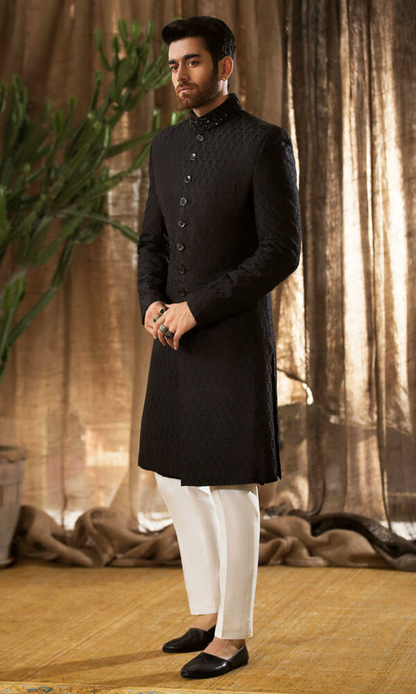 Royal Pakistani Groom Dress in Royal Black Sherwani Style