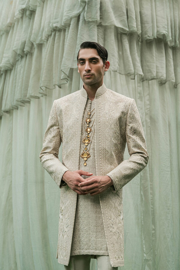 Royal Pakistani Jamawar Gold Sherwani for Groom in Open Style