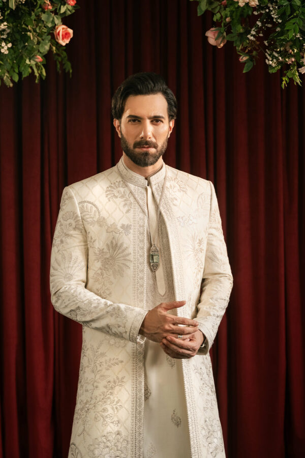 Royal Pakistani Wedding Cotton Silk Boski Sherwani for Groom