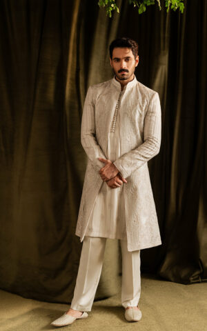 Royal Pakistani Wedding Open Off White Sherwani for Groom