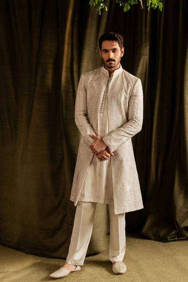 Royal Pakistani Wedding Open Off White Sherwani for Groom