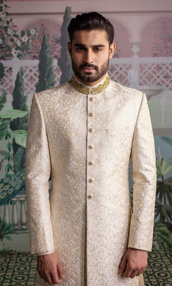 Royal Pakistani Wedding Raw Silk Ivory Sherwani for Groom