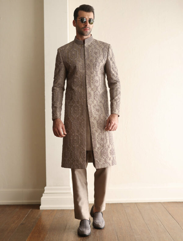 Taupe Hand Embroidered Pakistani Groom Sherwani