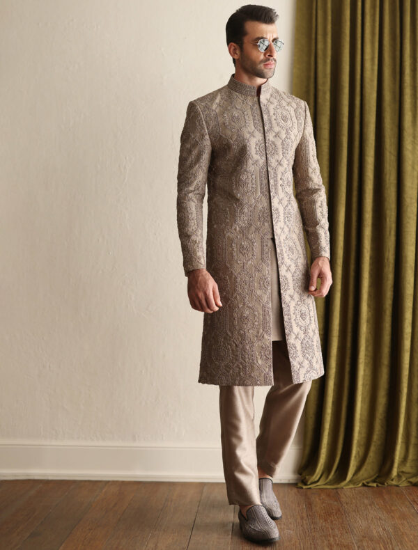 Taupe Wedding Embroidered Pakistani Groom Sherwani