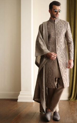 Taupe Wedding Hand Embroidered Pakistani Groom Sherwani