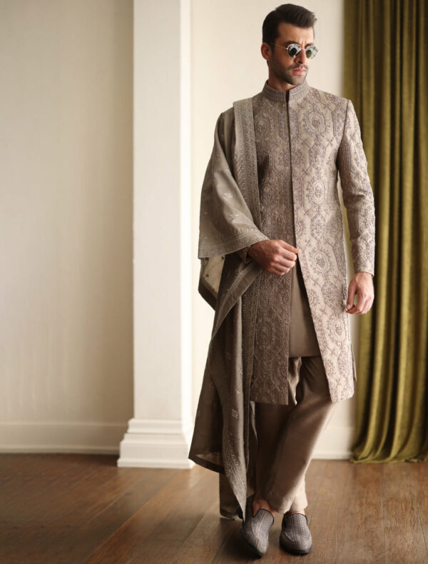 Taupe Wedding Hand Embroidered Pakistani Groom Sherwani