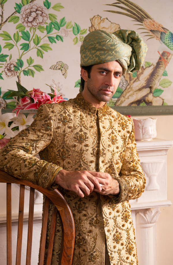 Beige Silk Kurta Sherwani Antique Gold Pakistani Groom Dress