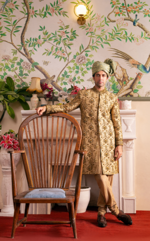 Beige Silk Kurta Sherwani Antique Gold Pakistani Dress