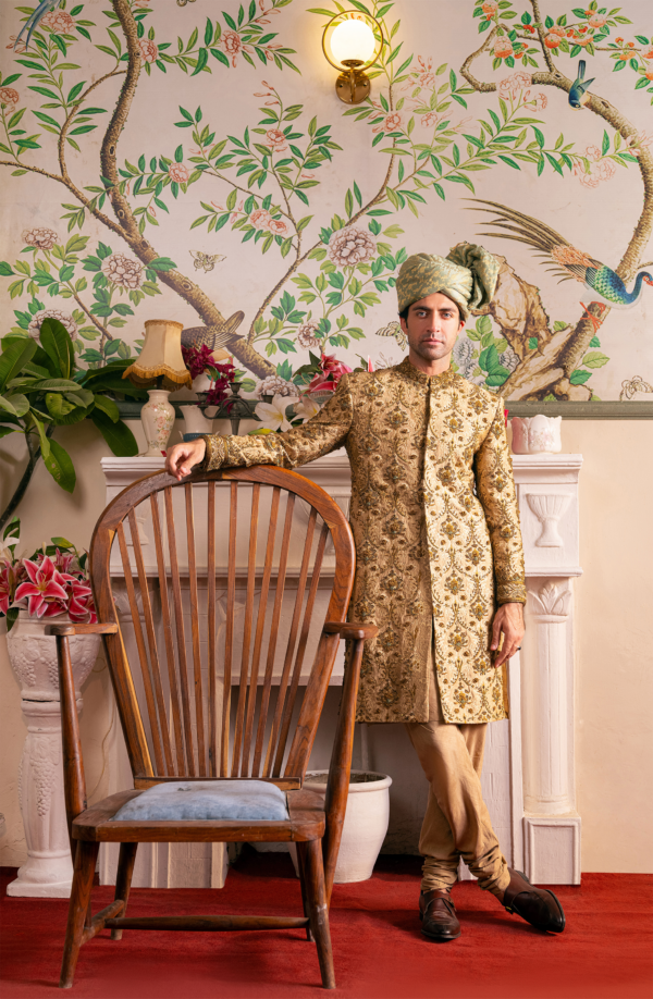 Beige Silk Kurta Sherwani Antique Gold Pakistani Dress