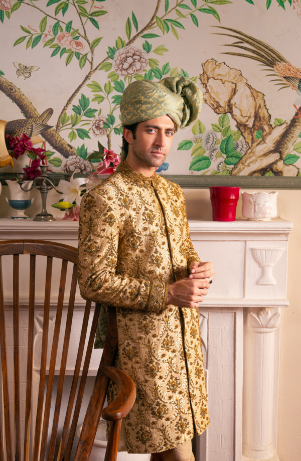 Beige Silk Kurta Sherwani Antique Pakistani Groom Dress