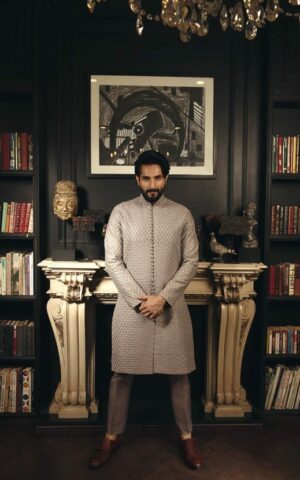 Traditional Embroidered Pakistani Sherwani with Raw Silk Trousers