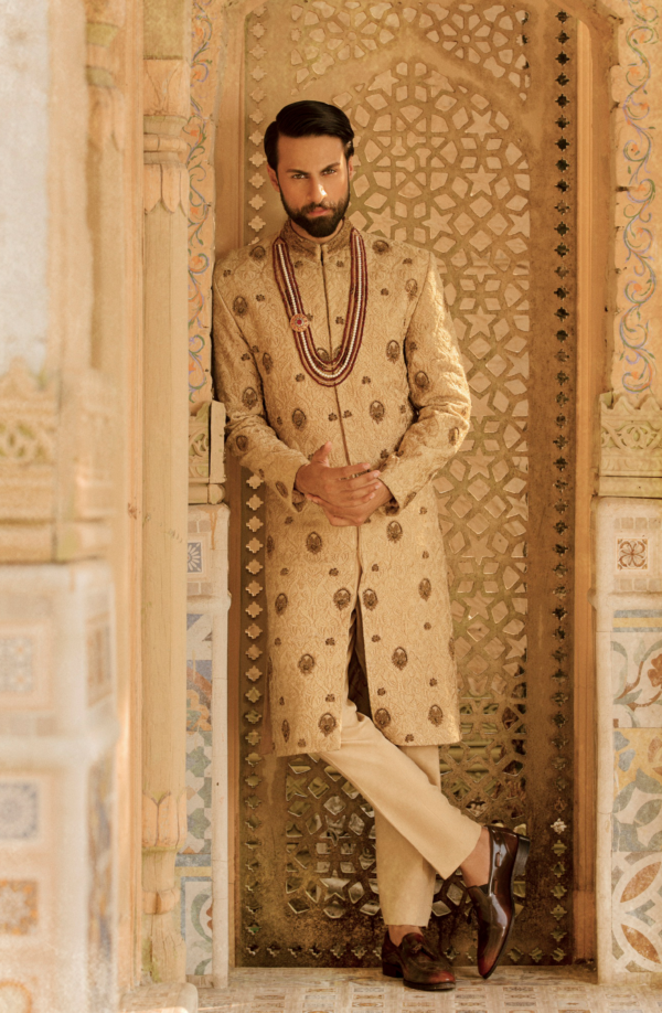 Traditionally Embroidered Beige Pakistani Groom Sherwani