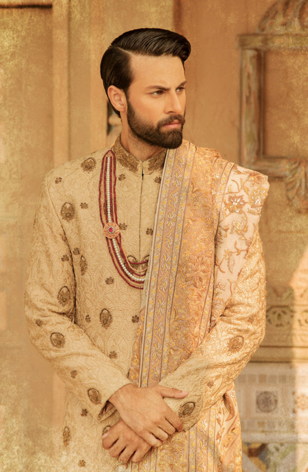 Traditionally Embroidered Beige Pakistani Sherwani