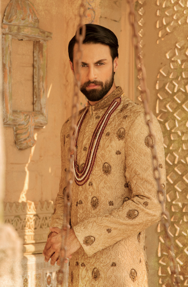 Traditionally Embroidered beige Pakistani Groom Sherwani